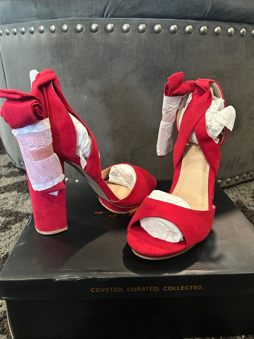Lulu's Red Suede Block Heel Ankle Tie Sandals